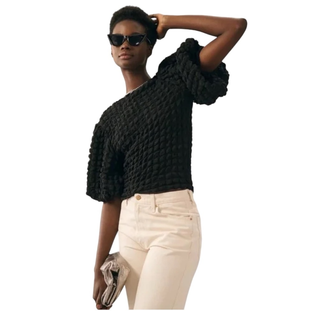 ANTHROPOLOGIE ERI + ALI TOP PUFF TEXTURED CREW NECK SHORT SLEEVES BLACK LG
